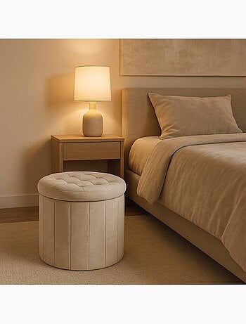 Pouf coffre en velours beige 38cm