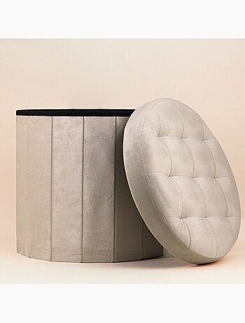 Pouf coffre en velours beige 38cm