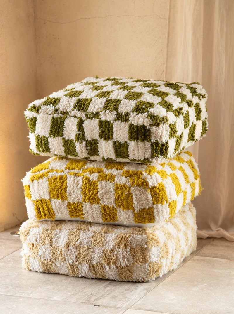 Pouf damier en laine avec garnissage Jaune moutarde - Kiabi
