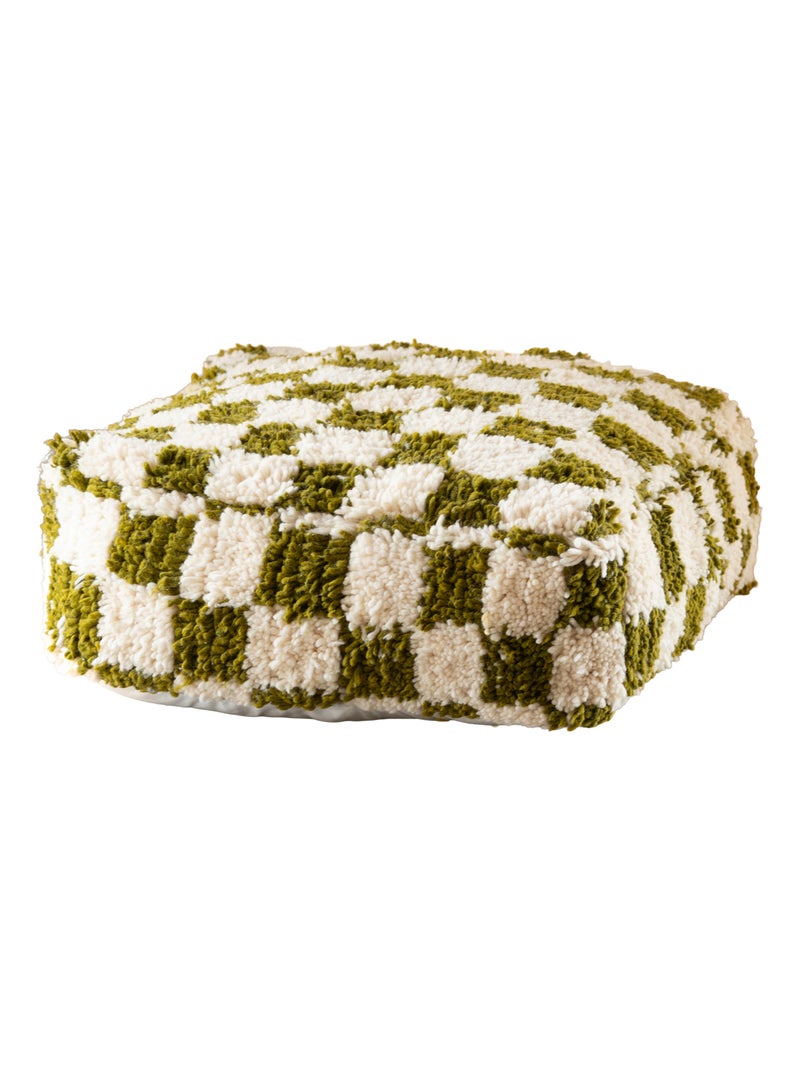 Pouf damier en laine avec garnissage Vert - Kiabi
