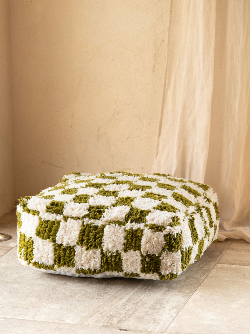 Pouf damier en laine avec garnissage Vert - Kiabi