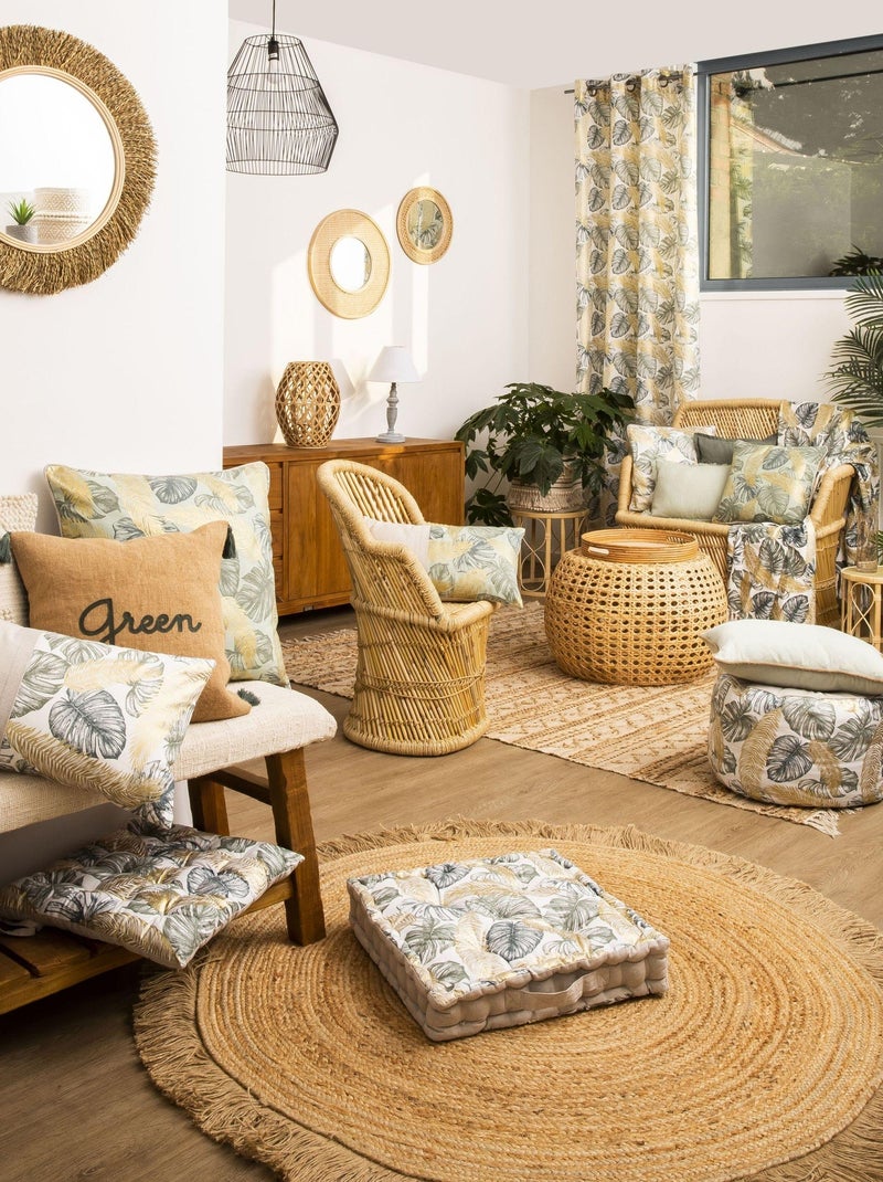 Pouf en coton JUMANJI dessus chambray 'Deko&co' Blanc Vert - Kiabi