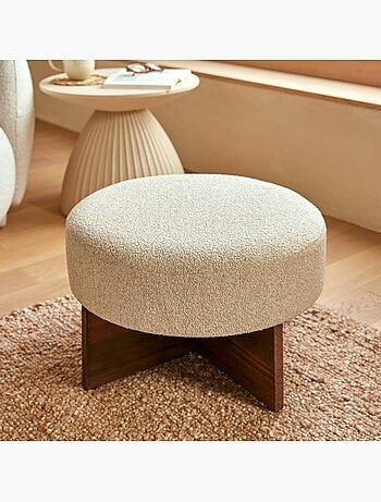 Pouf en tissu sur piètement croisé en pin kayan