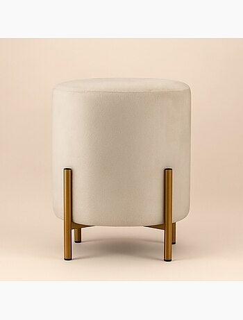 Pouf en velours beige rond pieds métal doré 36x30cm
