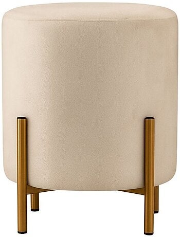 Pouf en velours beige rond pieds métal doré 36x30cm