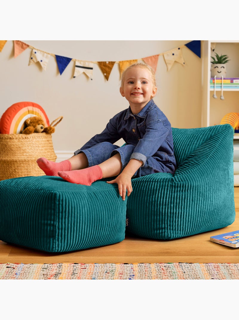 Pouf fauteuil enfant avec repose-pied carré assorti en velours côtelé - icon Bleu canard - Kiabi