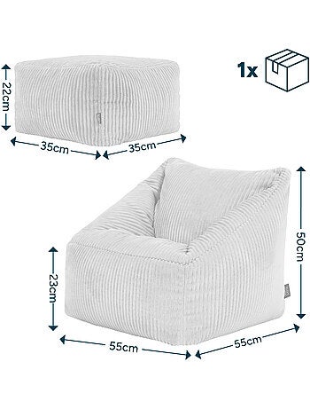 Pouf fauteuil enfant avec repose-pied carré assorti en velours côtelé - icon
