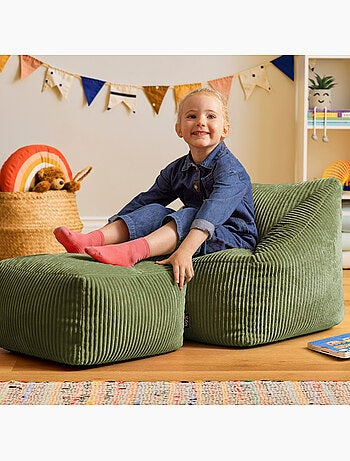 Pouf fauteuil enfant avec repose-pied carré assorti en velours côtelé - icon
