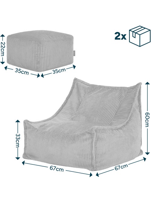 Pouf fauteuil grand enfant avec repose-pied carré assorti en velours côtelé - icon - Kiabi