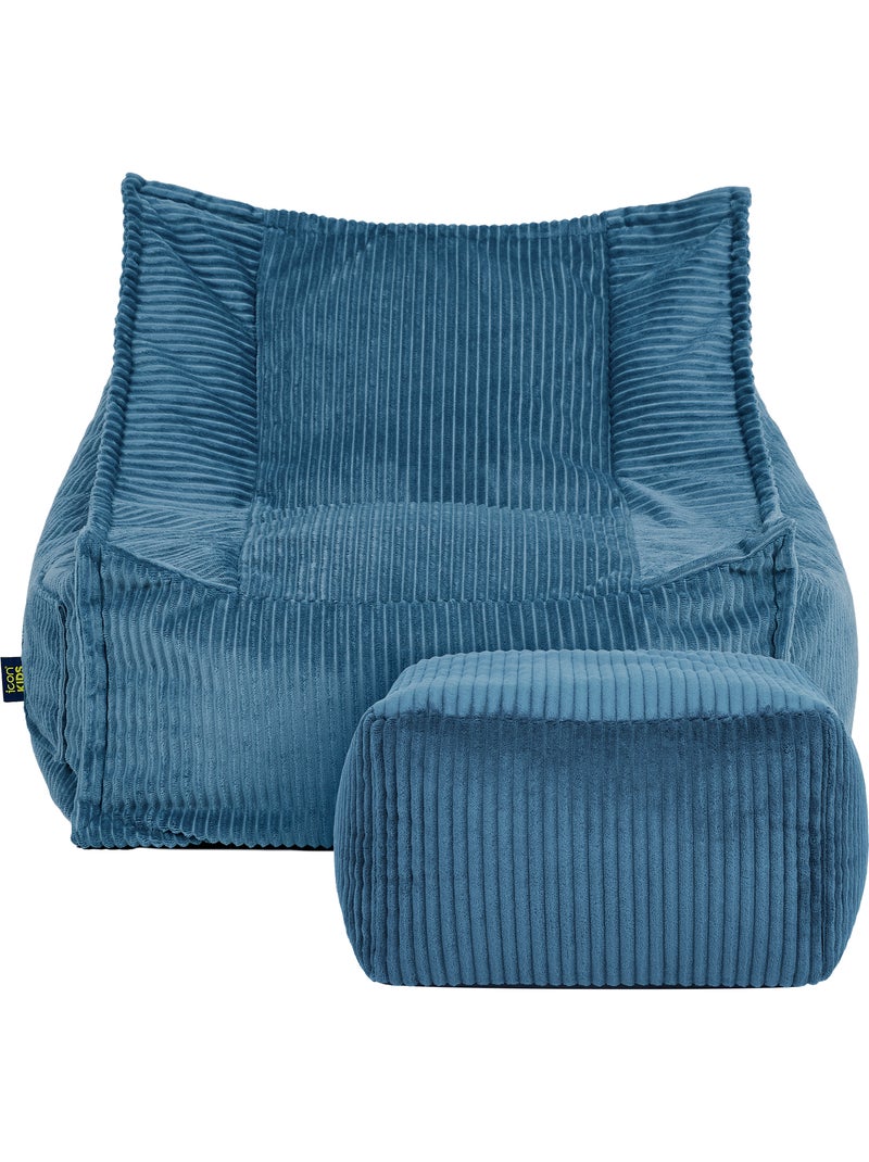 Pouf fauteuil grand enfant avec repose-pied carré assorti en velours côtelé - icon Bleu jean - Kiabi