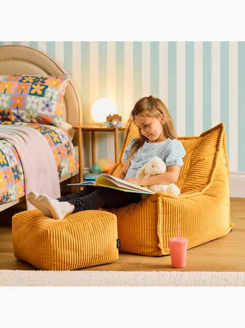 Pouf fauteuil grand enfant avec repose-pied carré assorti en velours côtelé - icon - Kiabi