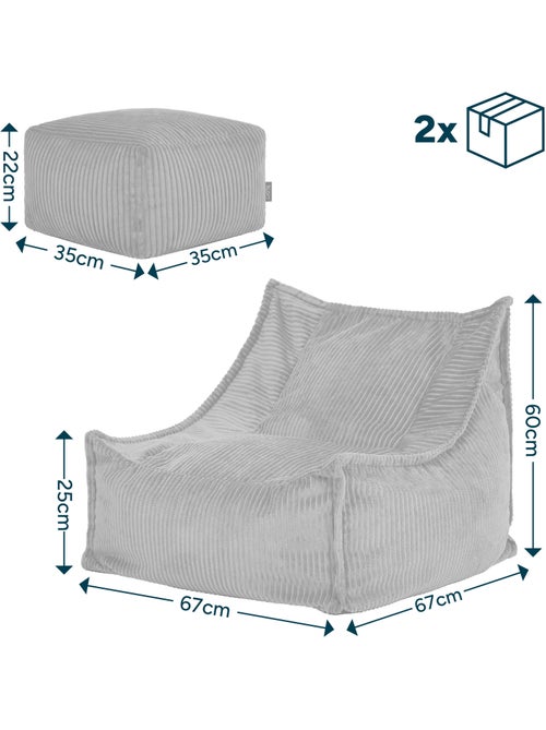 Pouf fauteuil grand enfant avec repose-pied carré assorti en velours côtelé - icon - Kiabi