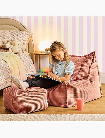 Pouf fauteuil grand enfant avec repose-pied carré assorti en velours côtelé - icon