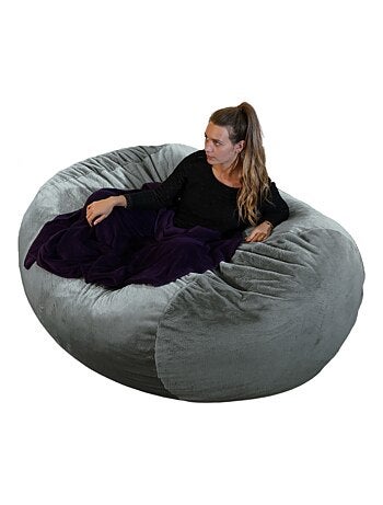Pouf long géant déhoussable fausse fourrure gris clair 160 cm