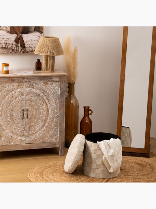 Pouf pliant coffre de rangement en tissu tufté PASTI - Kiabi Pouf pliant coffre de rangement en tissu tufté PASTI - Kiabi