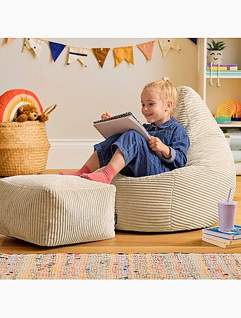 Pouf poire enfant à dossier haut avec repose-pieds carré assorti en velours côtelé - icon
