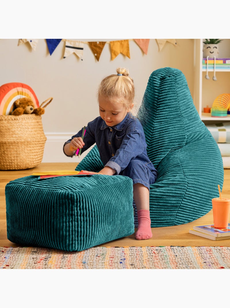 Pouf poire enfant à dossier haut avec repose-pieds carré assorti en velours côtelé - icon Bleu canard - Kiabi