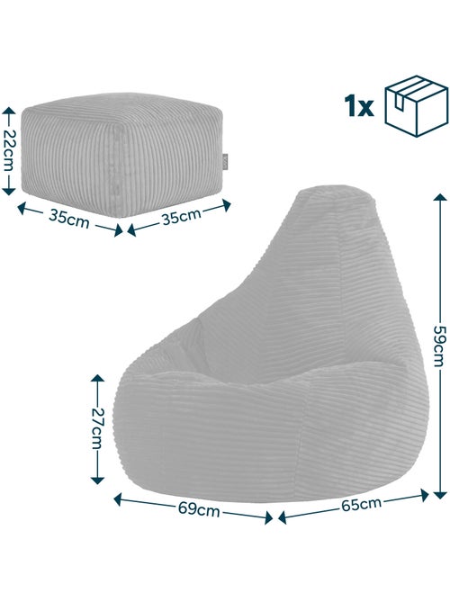 Pouf poire enfant à dossier haut avec repose-pieds carré assorti en velours côtelé - icon - Kiabi