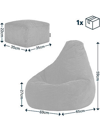 Pouf poire enfant à dossier haut avec repose-pieds carré assorti en velours côtelé - icon