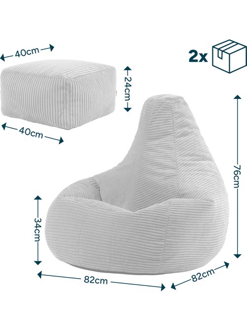 Pouf poire fauteuil dalton à dossier haut et repose-pied carré en velours côtelé - icon - Kiabi