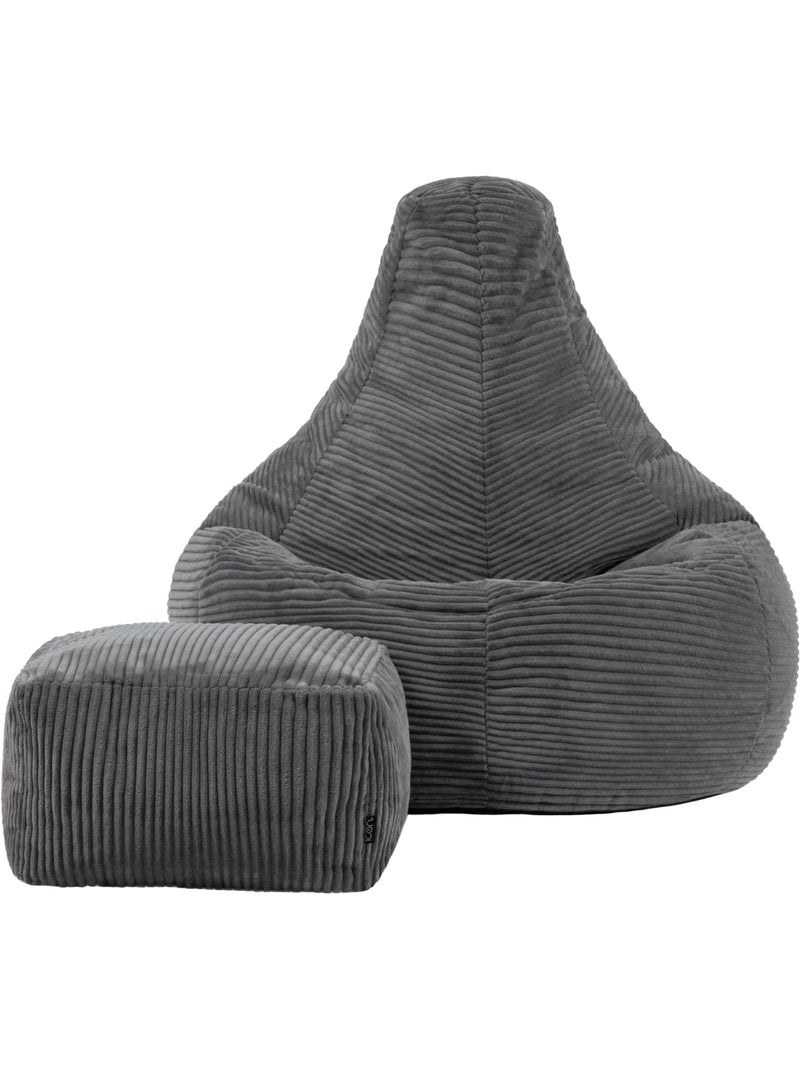 Pouf poire fauteuil dalton à dossier haut et repose-pied carré en velours côtelé - icon gris anthracite - Kiabi