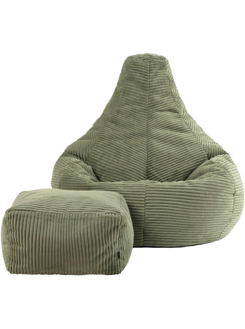 Pouf poire fauteuil dalton à dossier haut et repose-pied carré en velours côtelé - icon Vert Sauge - Kiabi