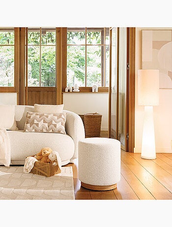 Pouf rond en tissu bouclette avec base bois