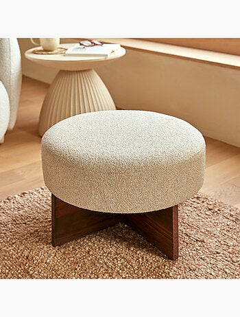 Pouf rond en tissu bouclette avec base bois