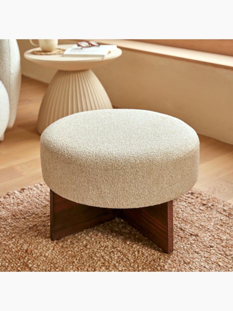 Pouf rond en tissu bouclette avec base bois Ecru - Kiabi