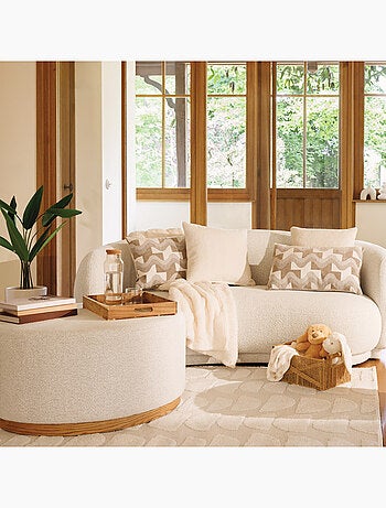 Pouf XL rond en tissu bouclette avec base bois