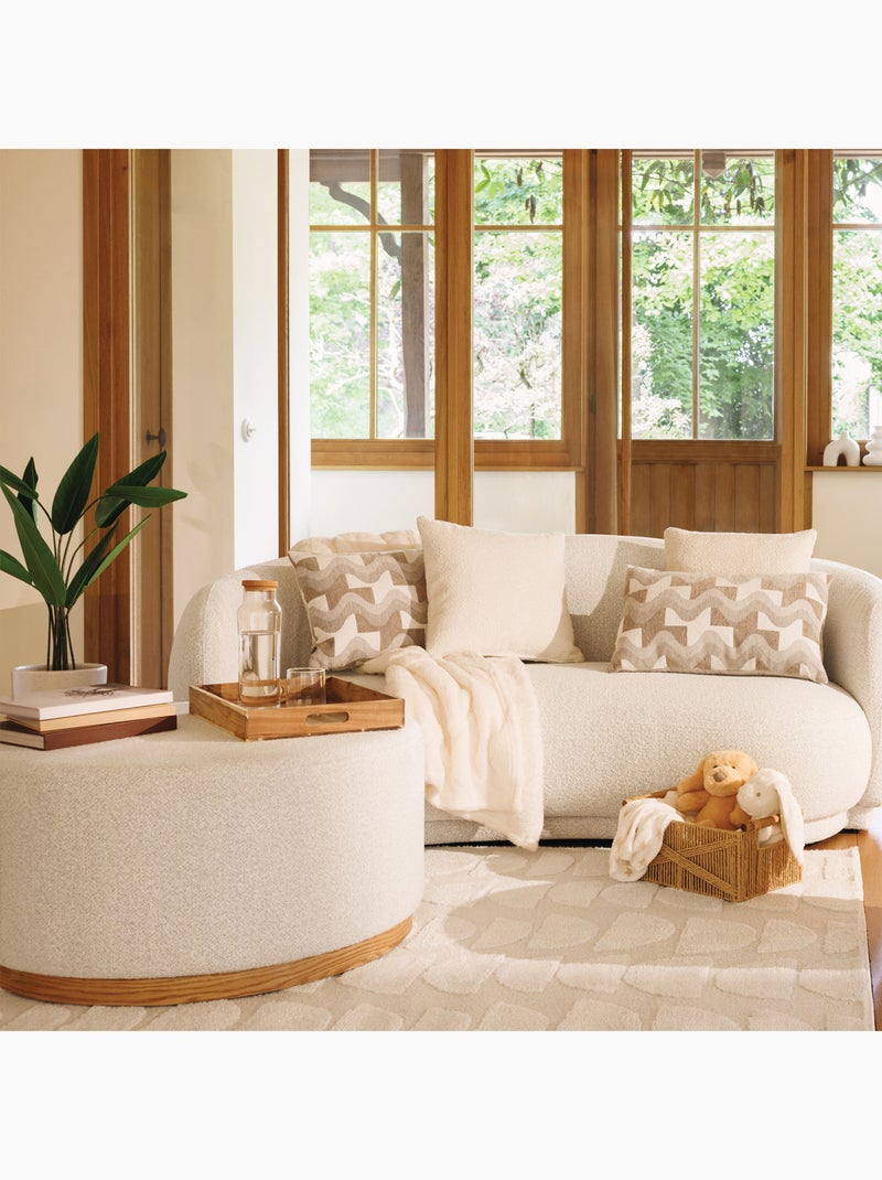 Pouf XL rond en tissu bouclette avec base bois Ecru - Kiabi