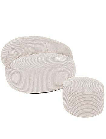 Pouf XXL déhoussable en velours côtelé 110 x 100 cm + repose-pieds