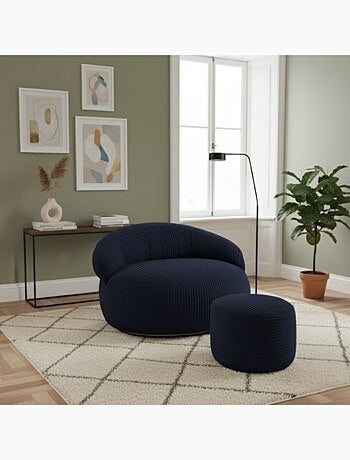 Pouf XXL déhoussable en velours côtelé 110 x 100 cm + repose-pieds