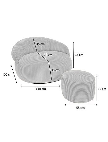 Pouf XXL déhoussable en velours côtelé 110 x 100 cm + repose-pieds