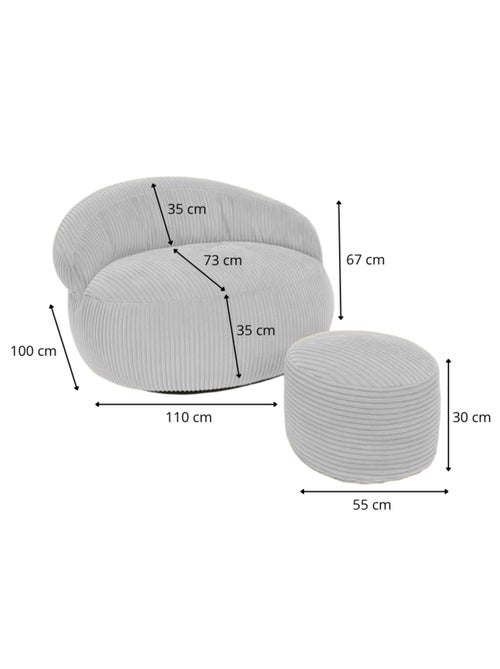 Pouf XXL déhoussable en velours côtelé 110 x 100 cm + repose-pieds - Kiabi