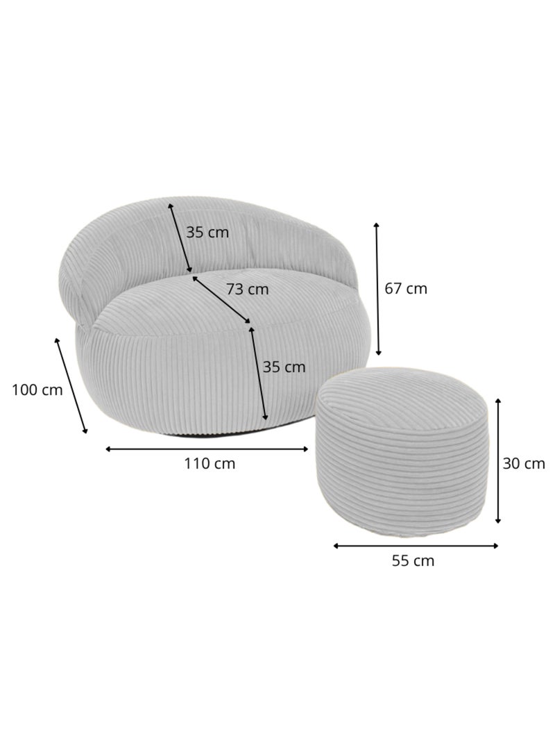 Pouf XXL déhoussable en velours côtelé 110 x 100 cm + repose-pieds Gris clair - Kiabi