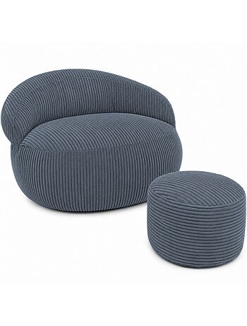 Pouf XXL déhoussable en velours côtelé 110 x 100 cm + repose-pieds