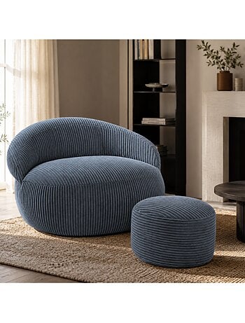 Pouf XXL déhoussable en velours côtelé 110 x 100 cm + repose-pieds