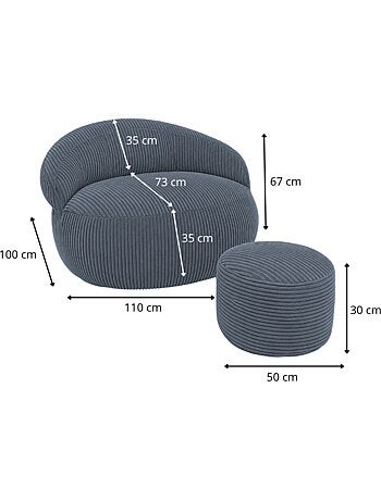 Pouf XXL déhoussable en velours côtelé 110 x 100 cm + repose-pieds