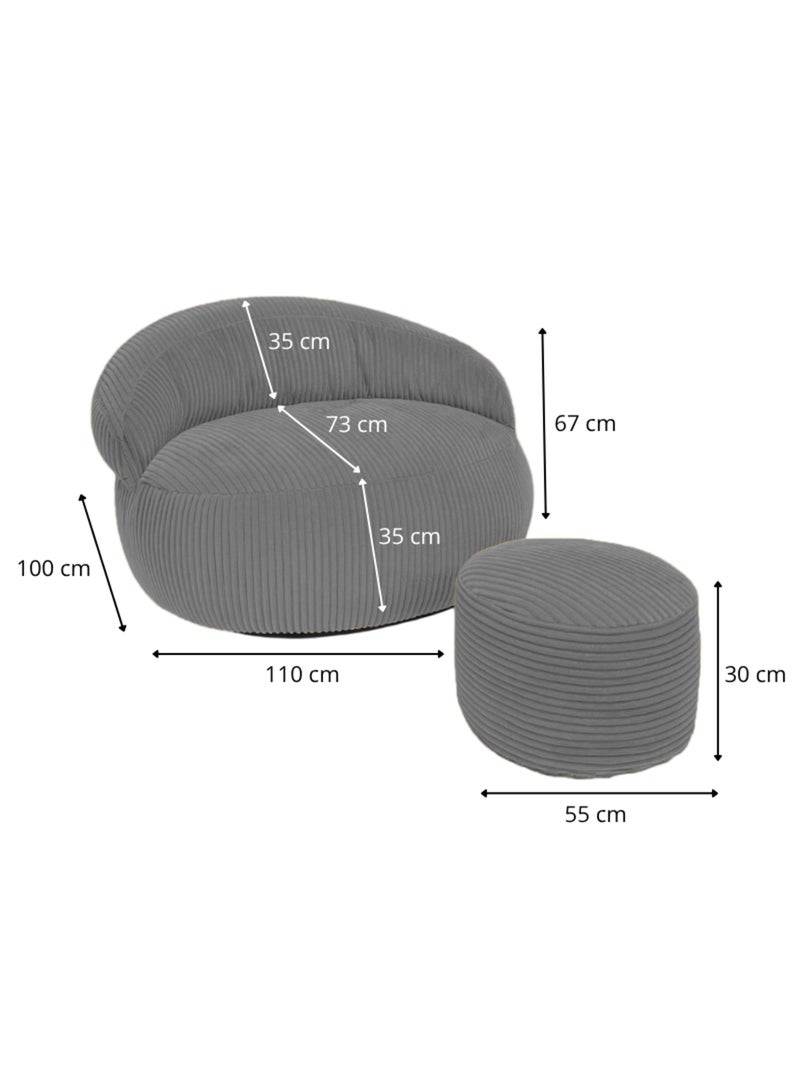 Pouf XXL déhoussable en velours côtelé 110 x 100 cm + repose-pieds Gris foncé - Kiabi