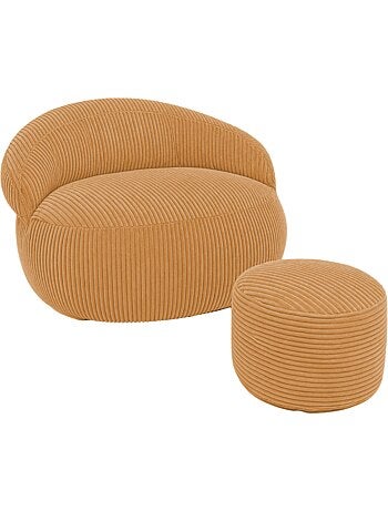 Pouf XXL déhoussable en velours côtelé 110 x 100 cm + repose-pieds