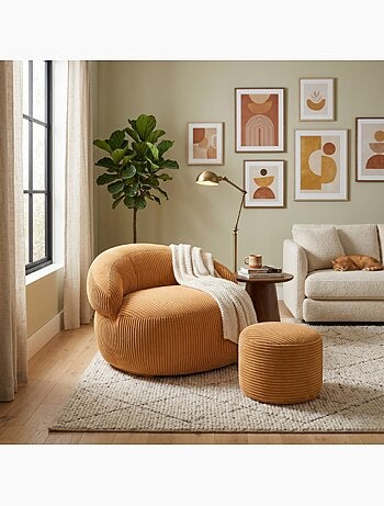 Pouf XXL déhoussable en velours côtelé 110 x 100 cm + repose-pieds