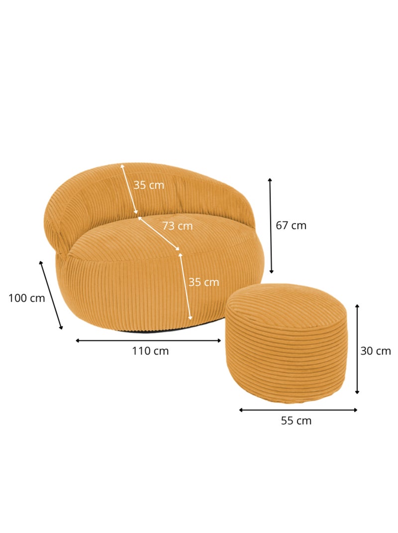 Pouf XXL déhoussable en velours côtelé 110 x 100 cm + repose-pieds Jaune moutarde - Kiabi