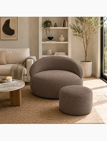 Pouf XXL déhoussable en velours côtelé 110 x 100 cm + repose-pieds
