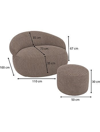 Pouf XXL déhoussable en velours côtelé 110 x 100 cm + repose-pieds