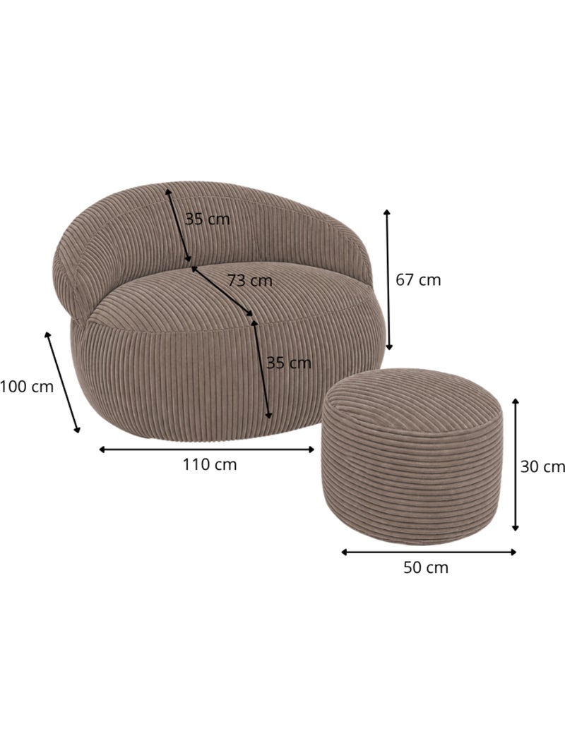 Pouf XXL déhoussable en velours côtelé 110 x 100 cm + repose-pieds Marron - Kiabi
