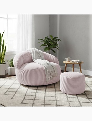 Pouf XXL déhoussable en velours côtelé 110 x 100 cm + repose-pieds