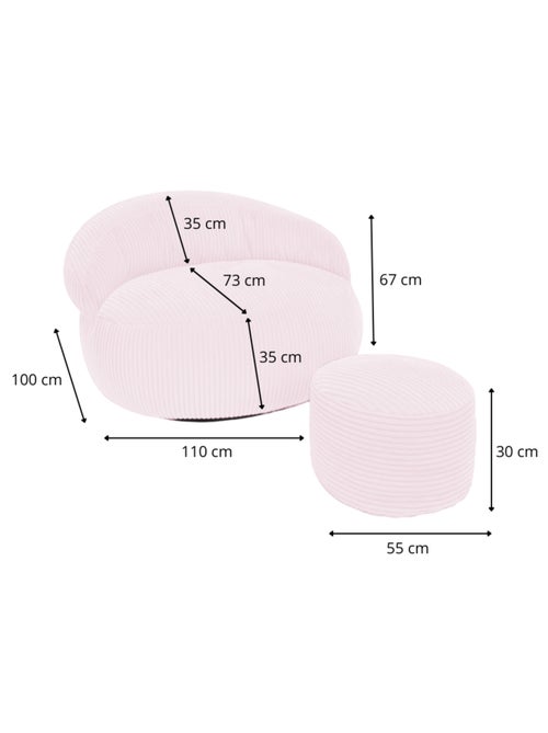Pouf XXL déhoussable en velours côtelé 110 x 100 cm + repose-pieds - Kiabi