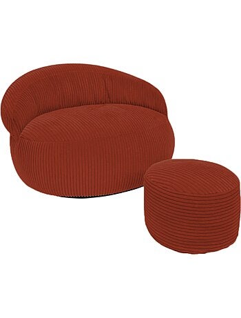 Pouf XXL déhoussable en velours côtelé 110 x 100 cm + repose-pieds