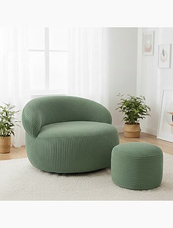 Pouf XXL déhoussable en velours côtelé 110 x 100 cm + repose-pieds
